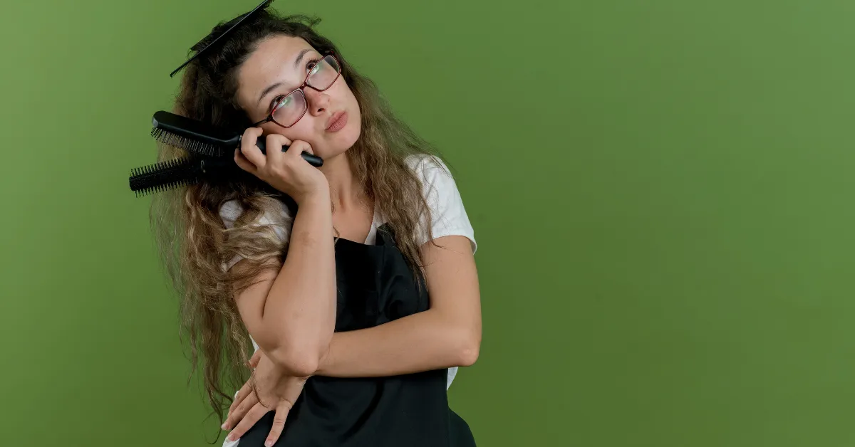 A woman wearing glasses and a black apron holds hair styling brushes near her face, looking thoughtfully to the side against a green background.