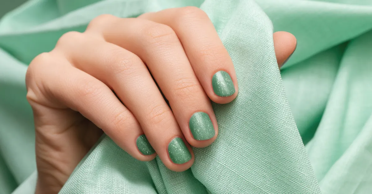Close-up of a hand with glossy green nail polish gently holding soft mint-green fabric background.