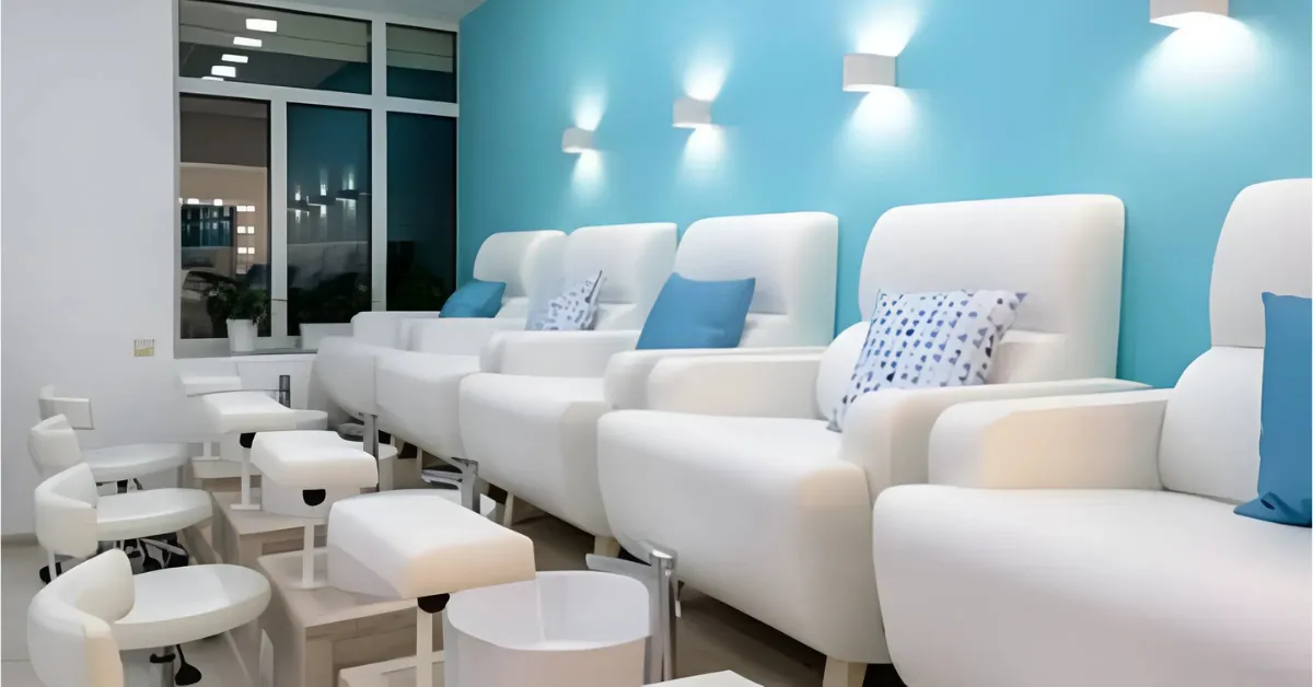 A modern nail salon interior with white pedicure chairs arranged in a row against a light blue wall. Each chair has a small white footrest and is paired with a white stool for the technician. Soft wall lights illuminate the space, and a large window brings in natural light. Decorative blue and patterned pillows add contrast to the chairs.